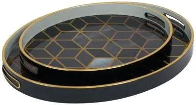 Midnight Blue and Gold Metal Geometric Trays Set of 2
