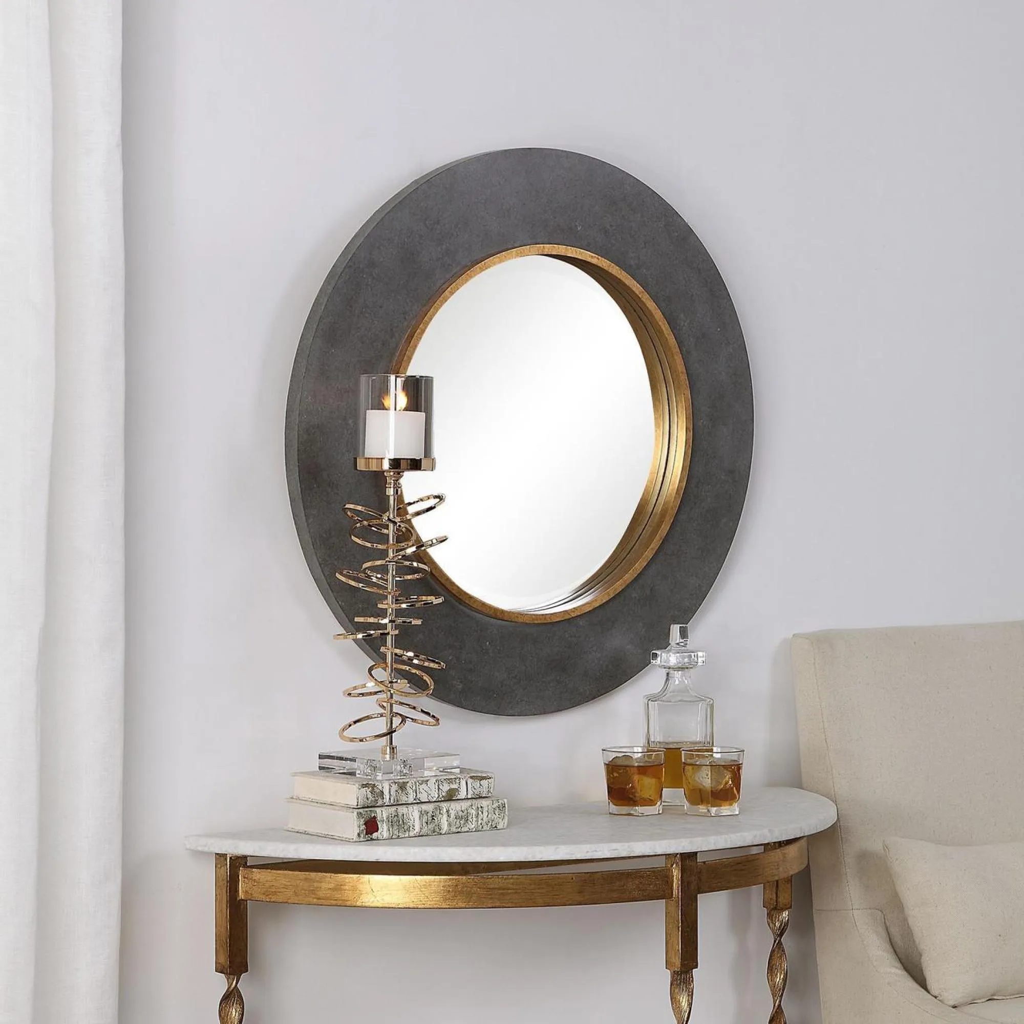 Saul Round Mirror - Grey, Wood and Brass