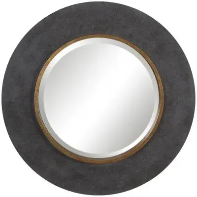 Saul Round Mirror - Grey, Wood and Brass image