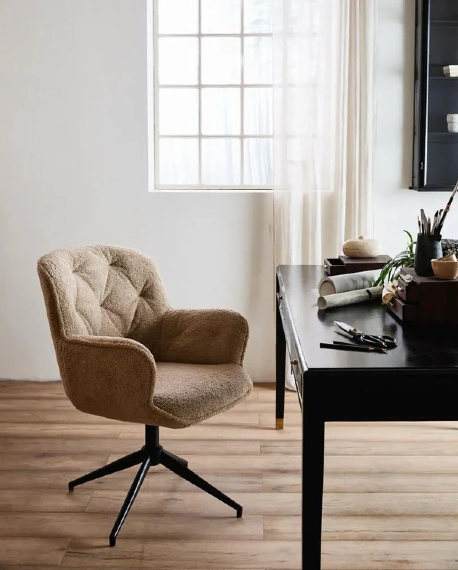 Lea Swivel Office Chair - Beige, Boucle Fabric