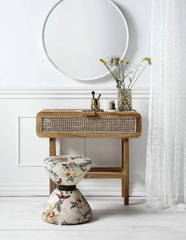 Merge Console Table with Glass Top - Teak, Rattan