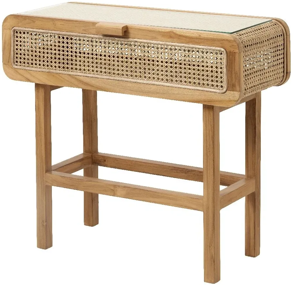 Merge Console Table with Glass Top - Teak, Rattan