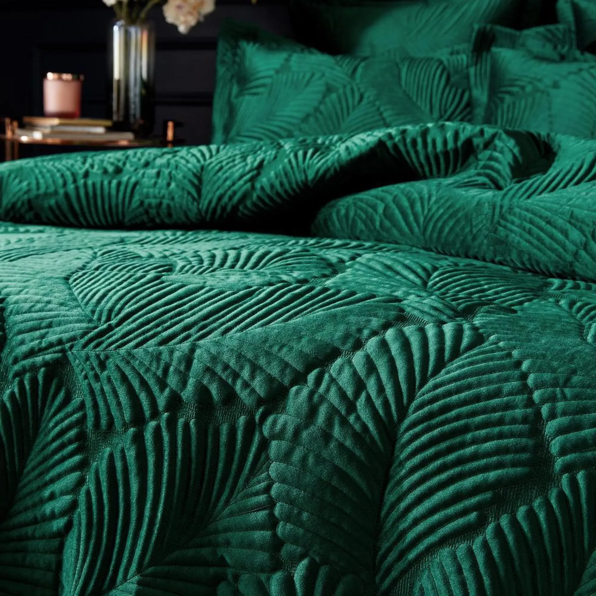 Palmeria Quilted Duvet Cover Set - Emerald, Velvet