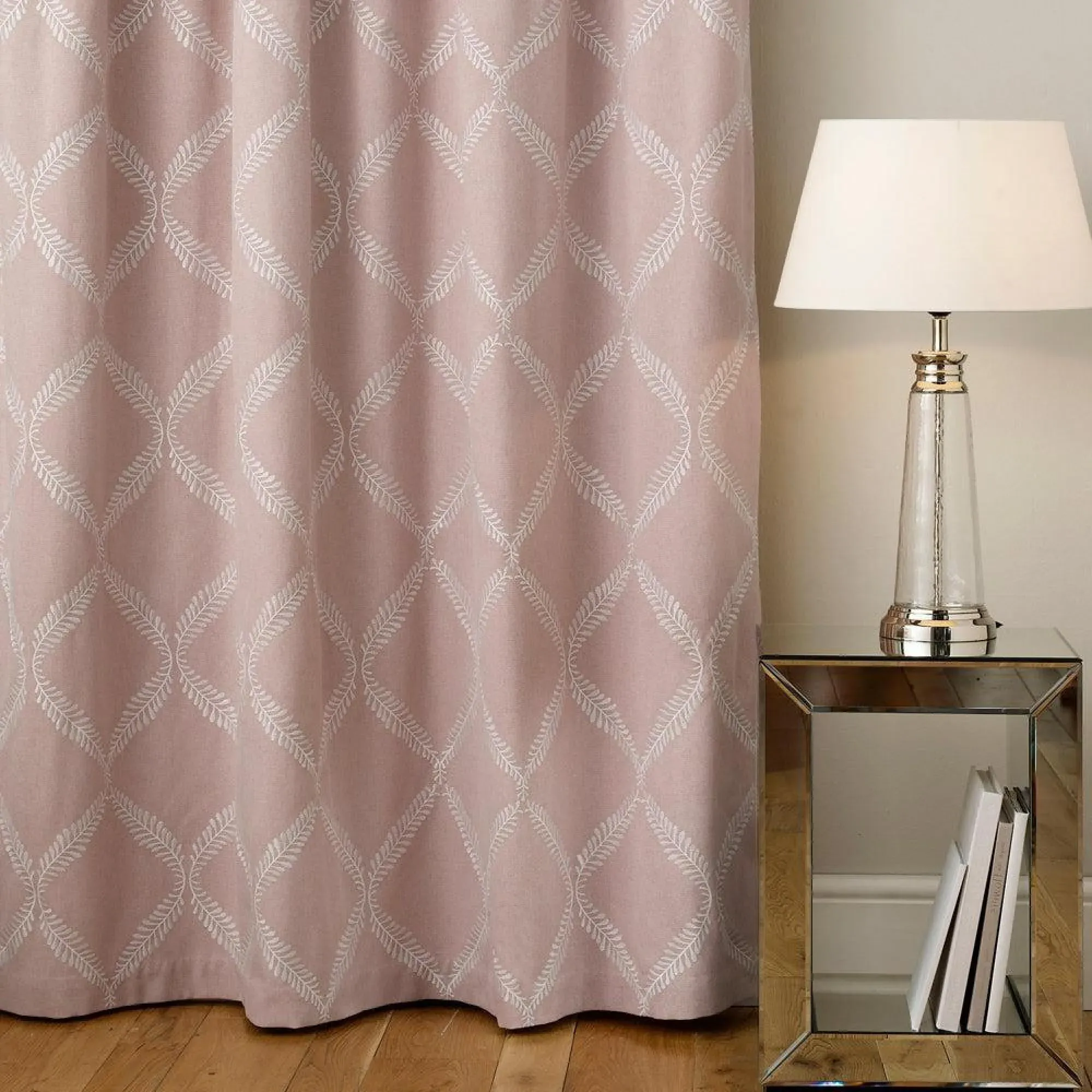 Riva Home Olivia Lattice Embroidered Pencil Pleat Curtains - Blush