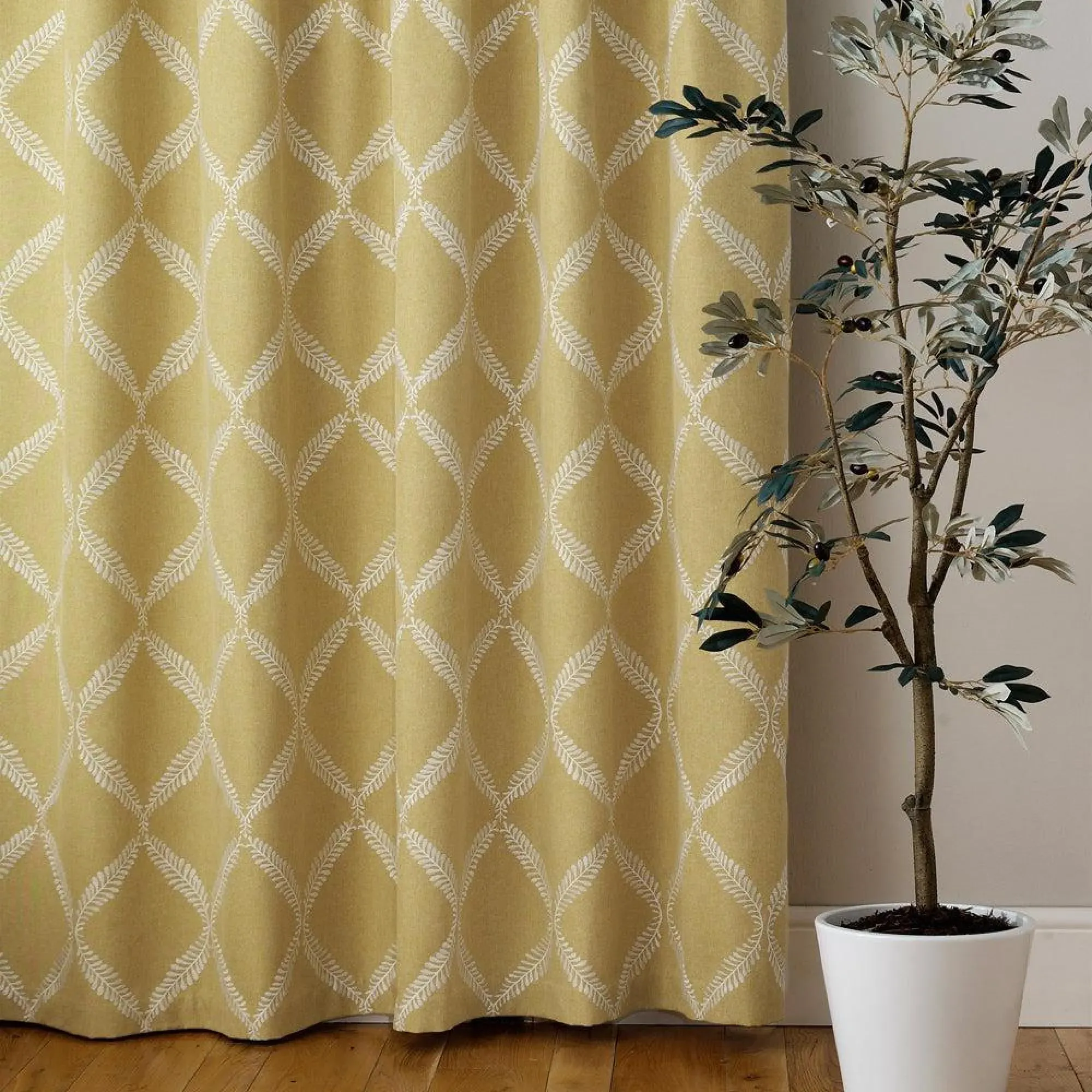 Riva Home Olivia Lattice Embroidered Pencil Pleat Curtains - Citron