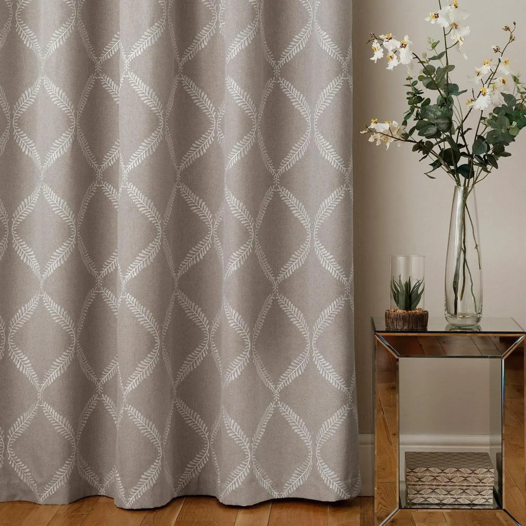 Riva Home Olivia Lattice Embroidered Pencil Pleat Curtains - Grey