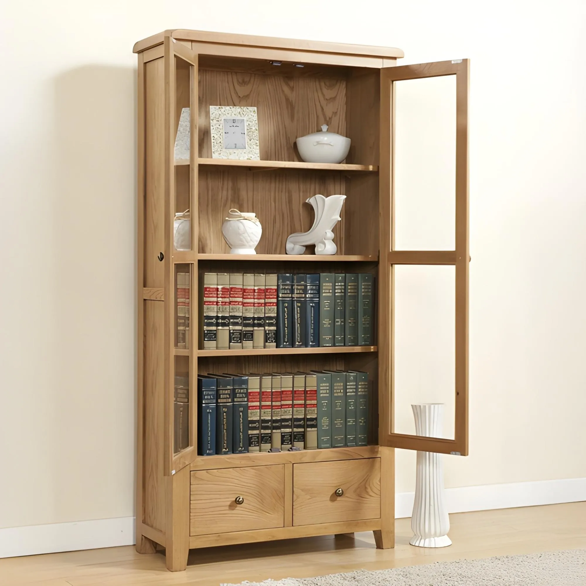 Dorset Oak 2 Door Display Cabinet - Rustic Hand Waxed