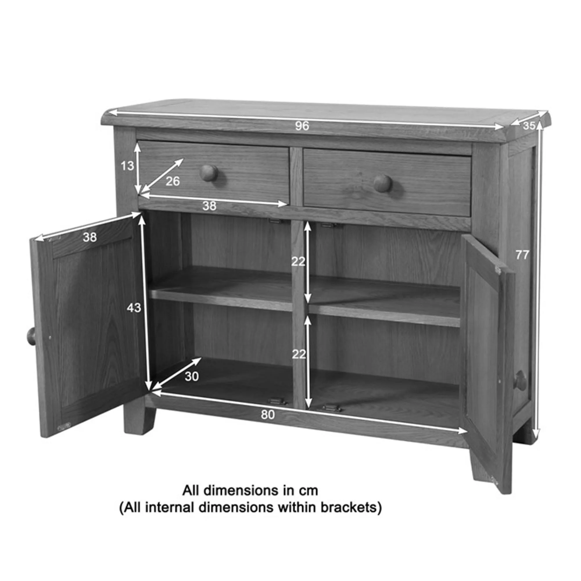 Dorset Oak 2 Door Medium Sideboard - Rustic Hand Waxed