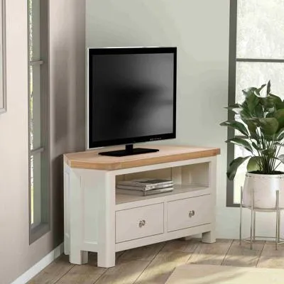 Hayley Corner TV Unit with 2 Drawers - White, Oak image