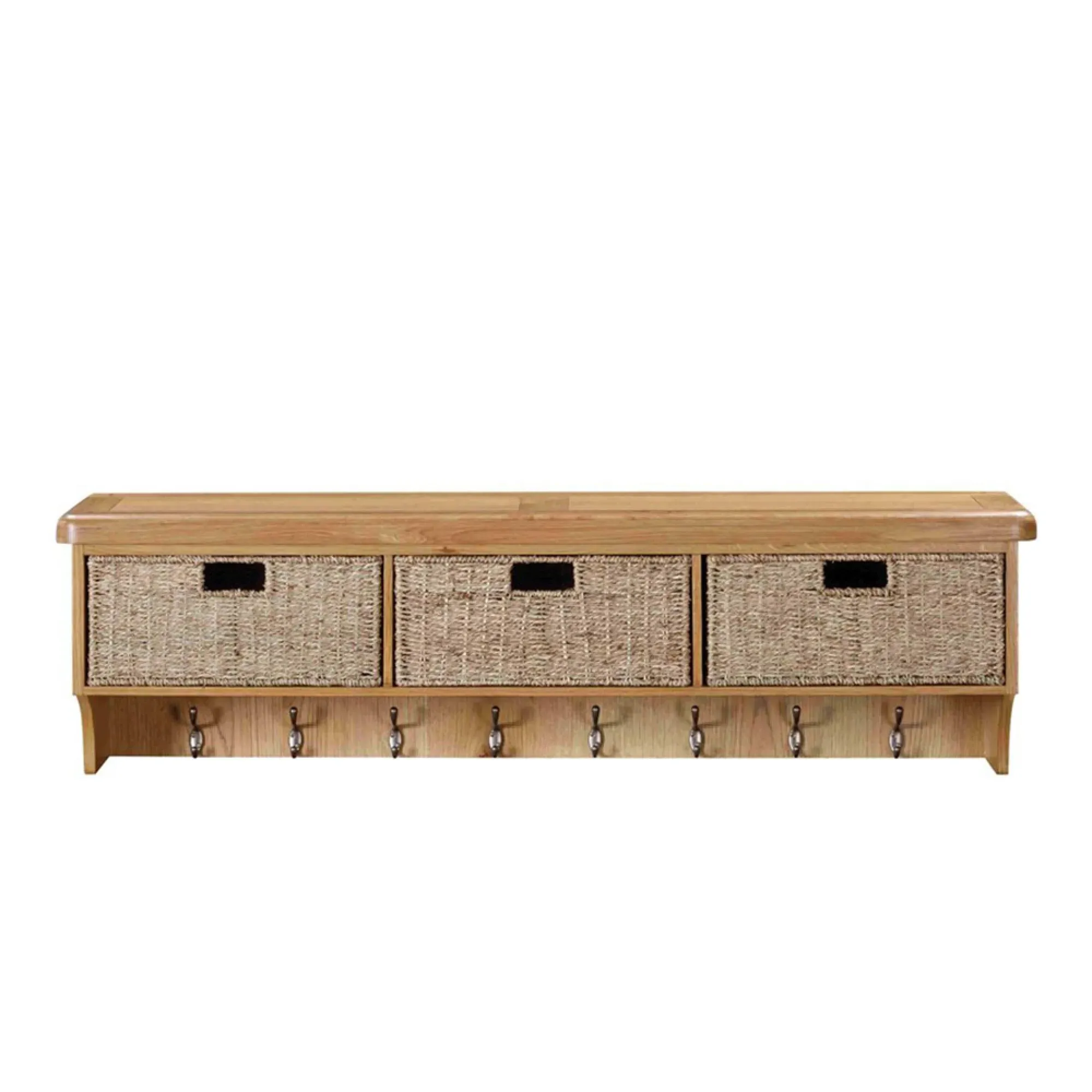 Janelle Wall Shelf with Hooks and Baskets - Rustic Oak