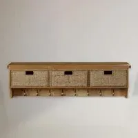 Janelle Wall Shelf with Hooks and Baskets - Rustic Oak