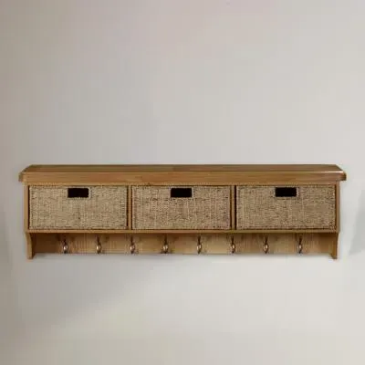 Janelle Wall Shelf with Hooks and Baskets - Rustic Oak