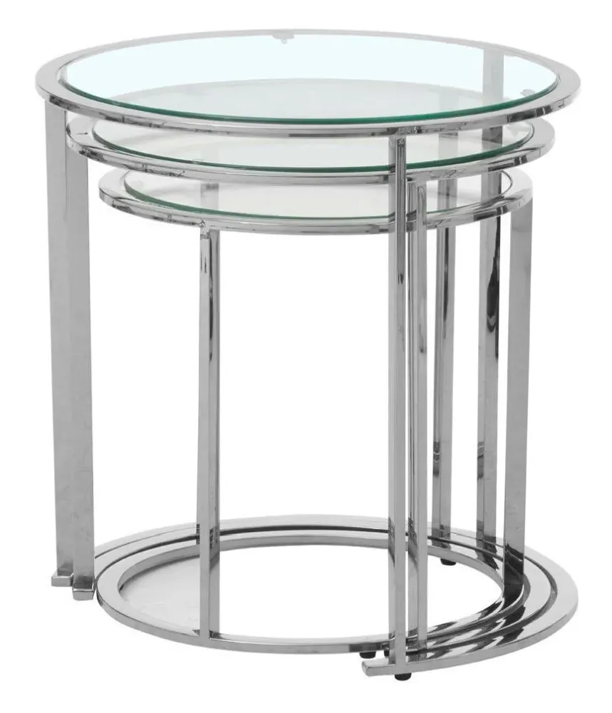 Allure Round Nest of 3 Tables - Silver, Glass