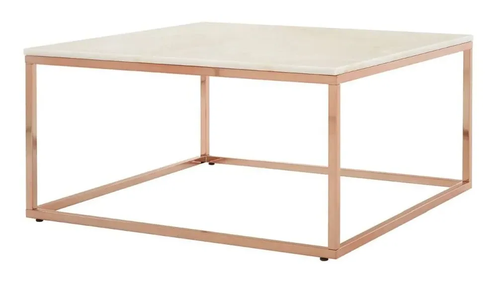 Allure Square Coffee Table with Rose Gold Base - White, Marble