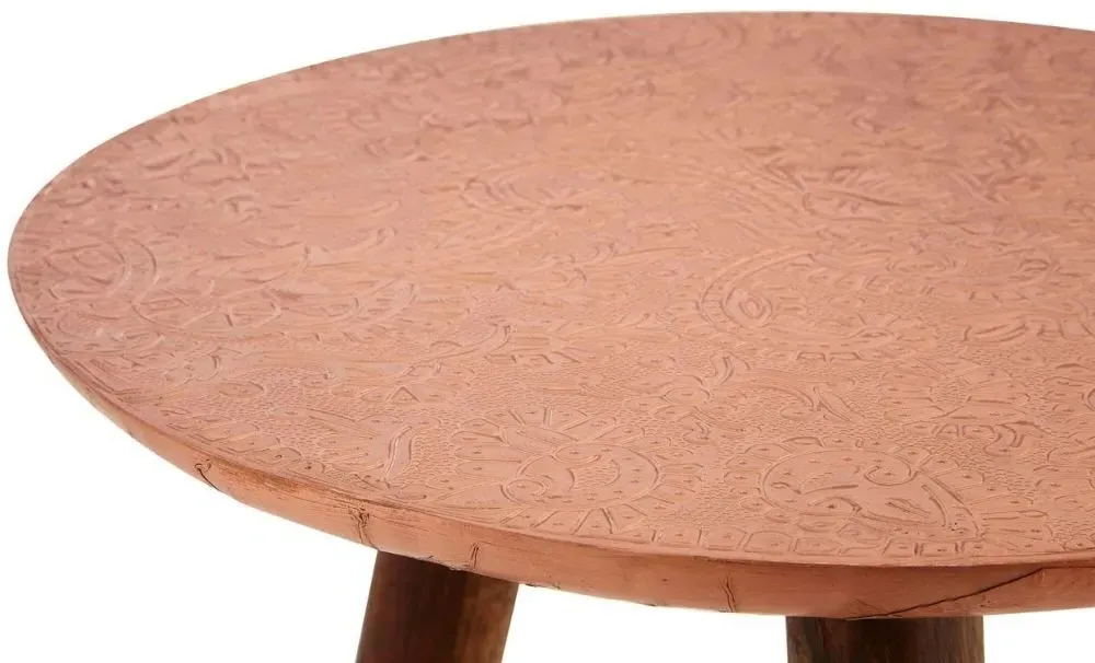 Carved Round Side Table - Copper