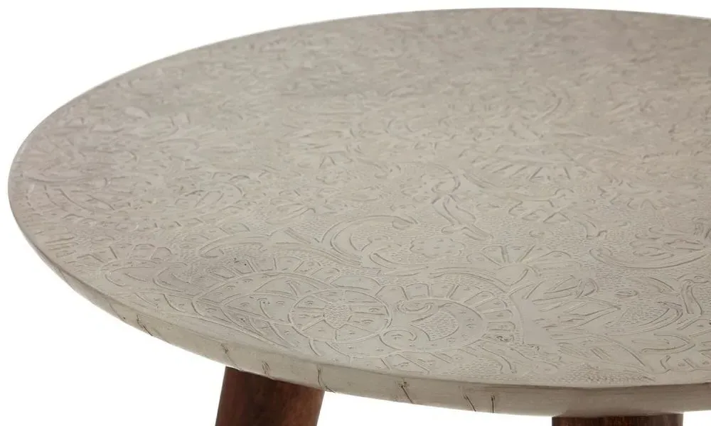 Carved Round Side Table - White