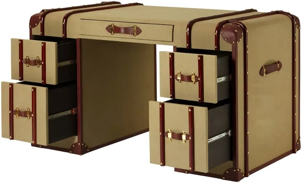 Columbus Canvas 5 Drawer Desk with Leather Trim - Natural