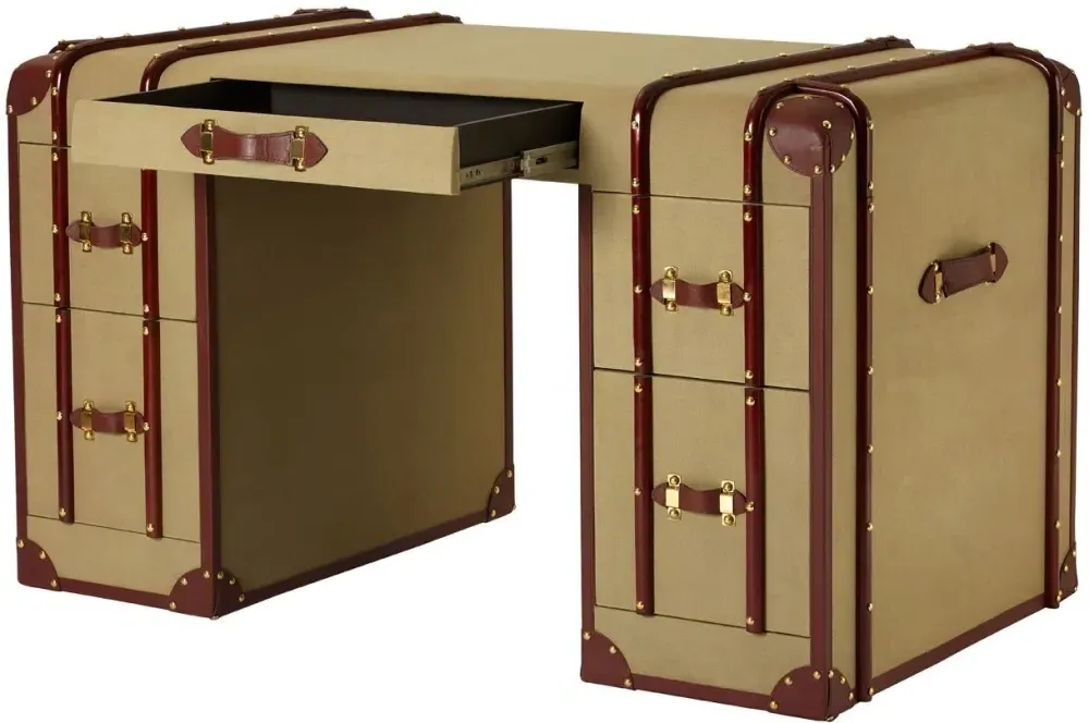 Columbus Canvas 5 Drawer Desk with Leather Trim - Natural