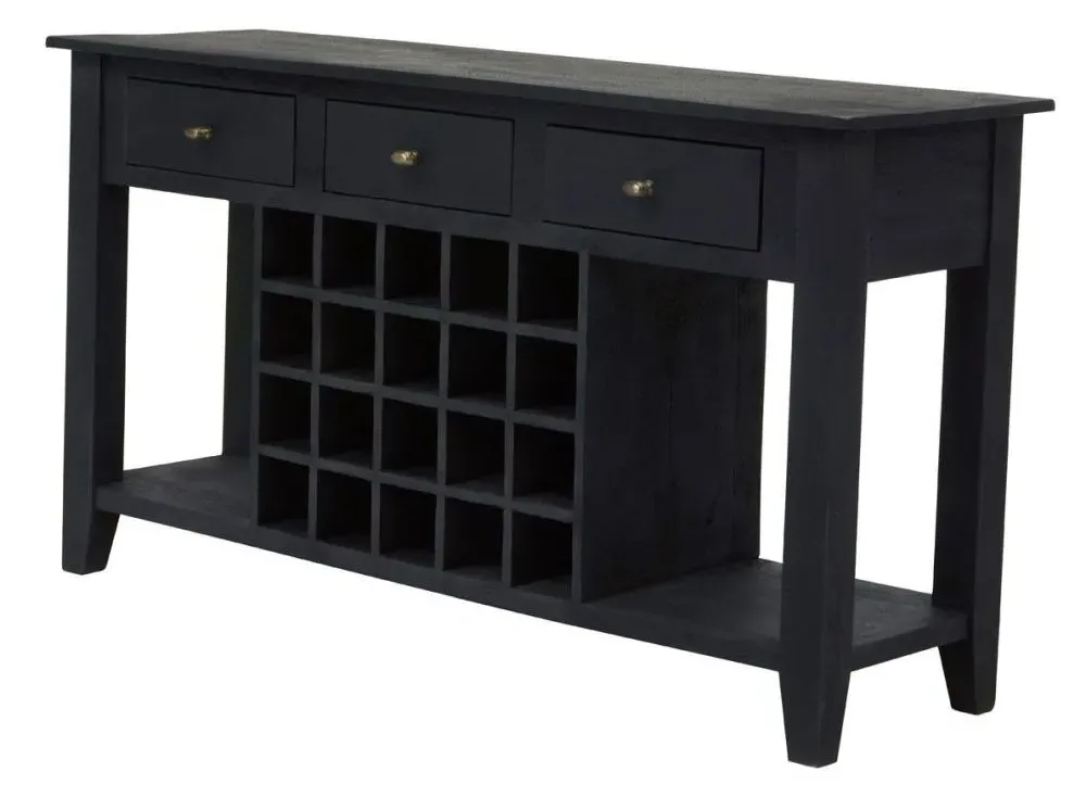 Fusion 3 Drawer Console Table with Wine Storage - Black, Mango Wood