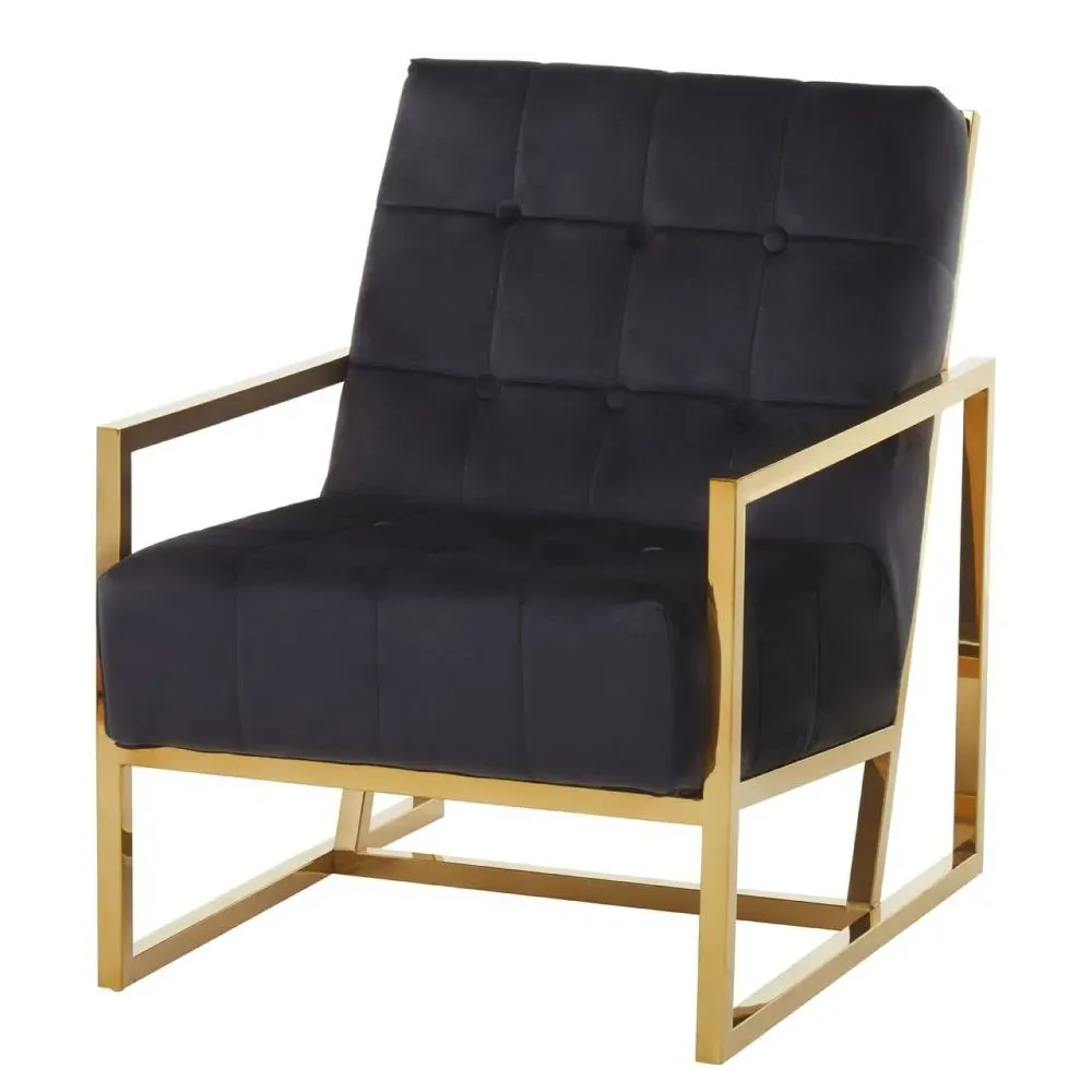 Hana Armchair with Gold Frame - Black, Velvet