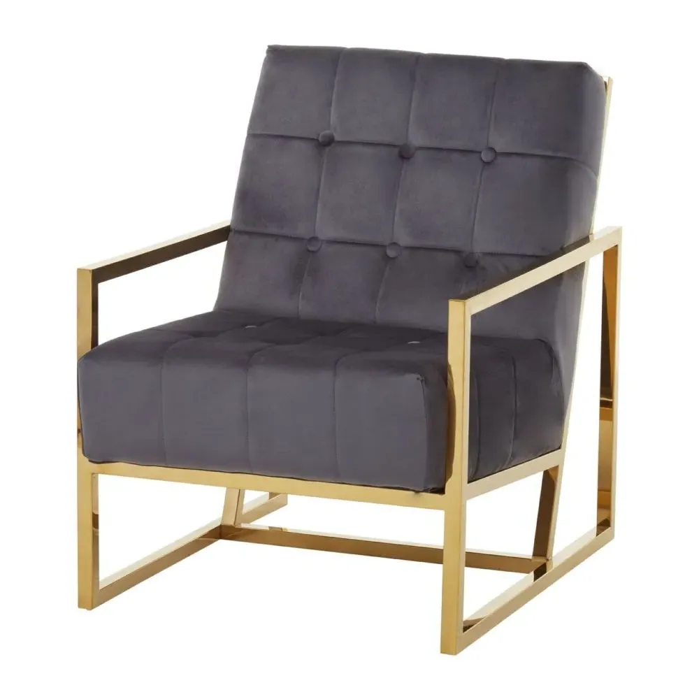 Hana Armchair with Gold Frame - Grey, Velvet