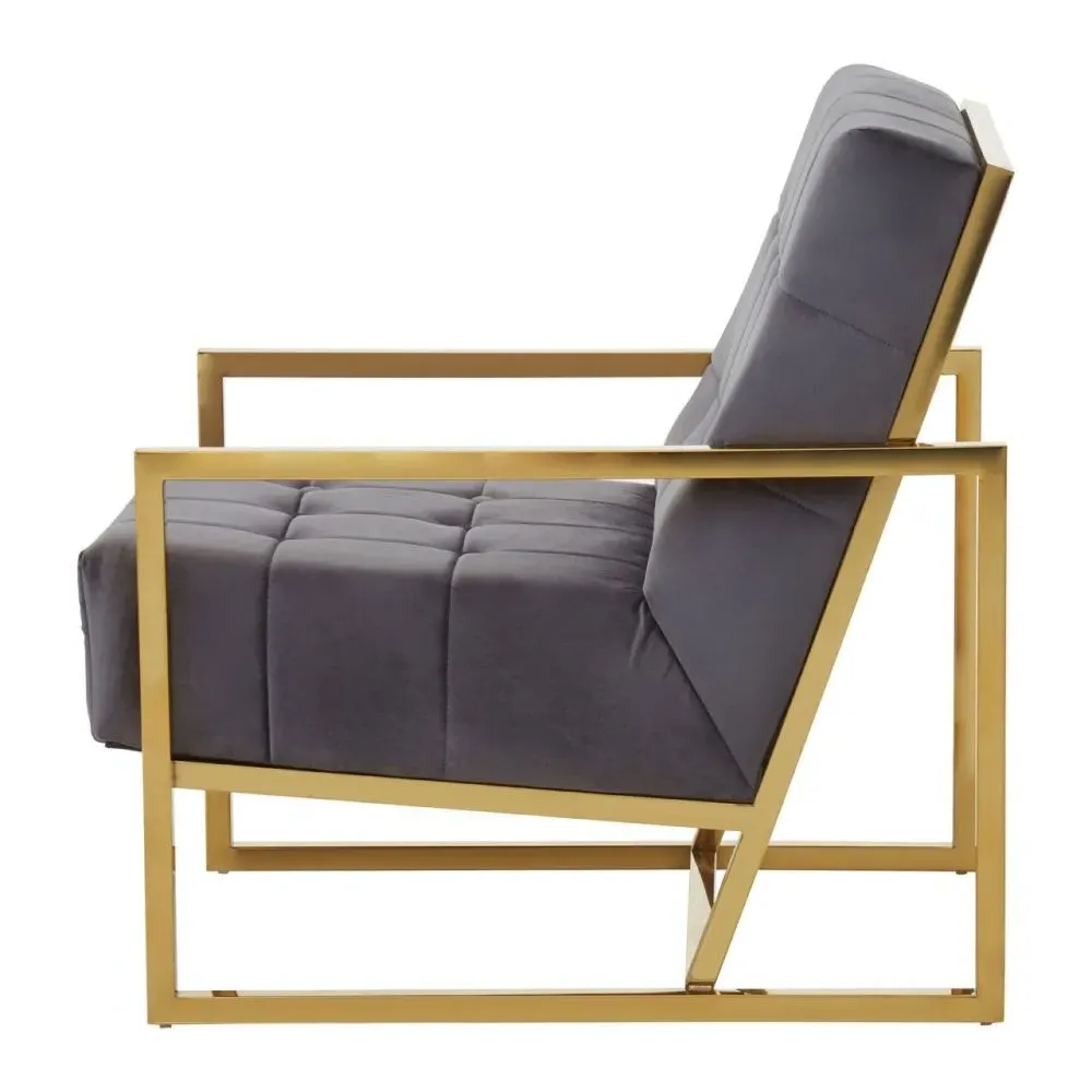 Hana Armchair with Gold Frame - Grey, Velvet