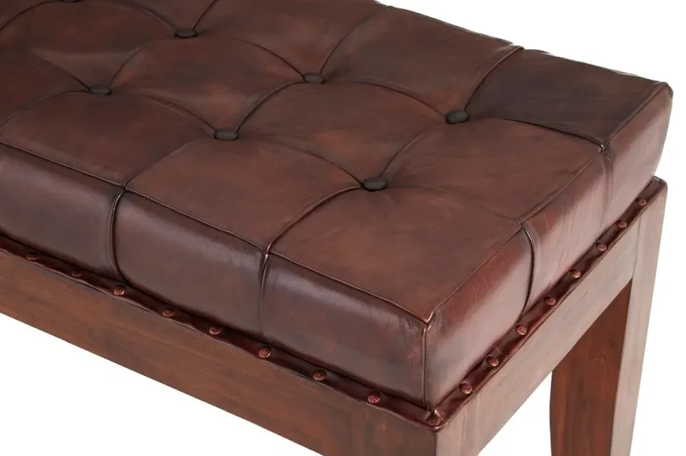 Inca Leather Bench with Stitch Detail - Brown