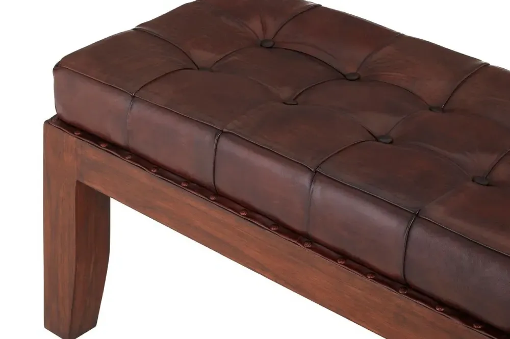 Inca Leather Bench with Stitch Detail - Brown