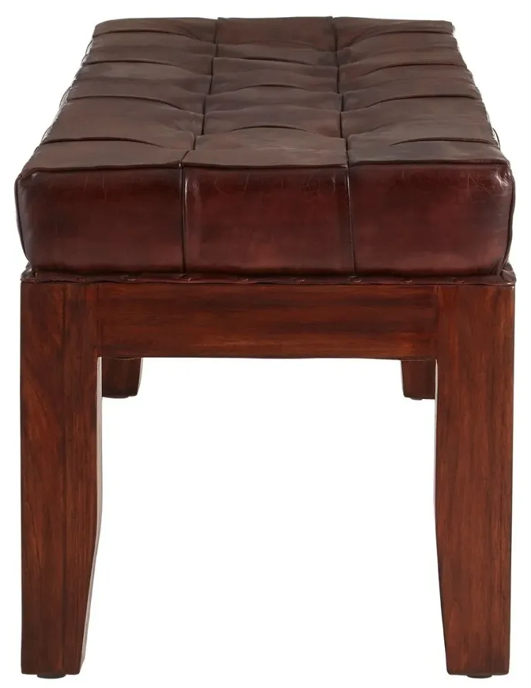 Inca Leather Bench with Stitch Detail - Brown