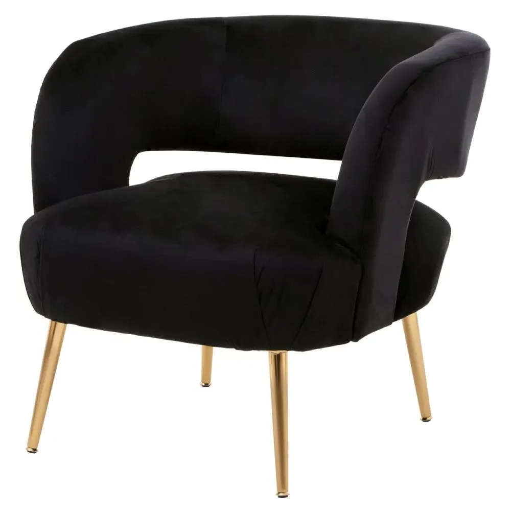 Larissa Accent Chair with Gold Metal Legs - Black, Velvet