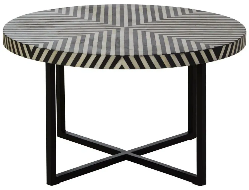 Round Coffee Table with Cross Base - Black, Bone Inlay