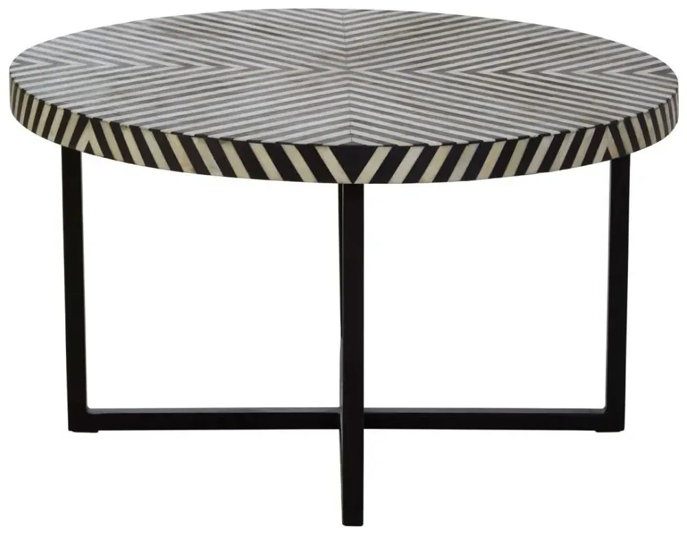 Round Coffee Table with Cross Base - Black, Bone Inlay