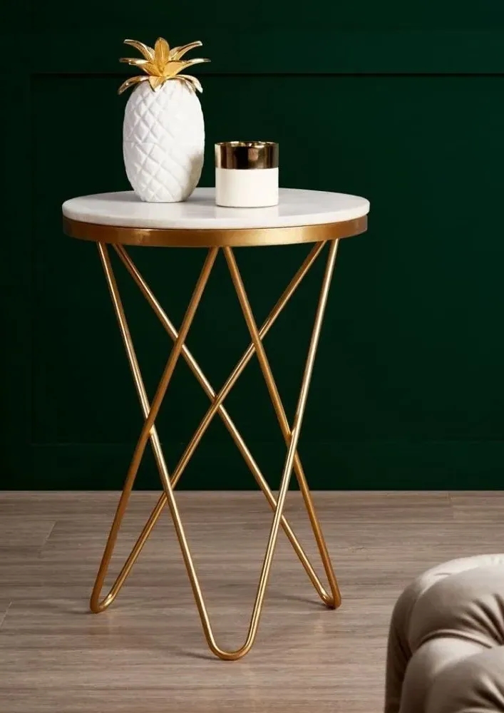 Templar Round Side Table with Hairpin Legs - White, Marble