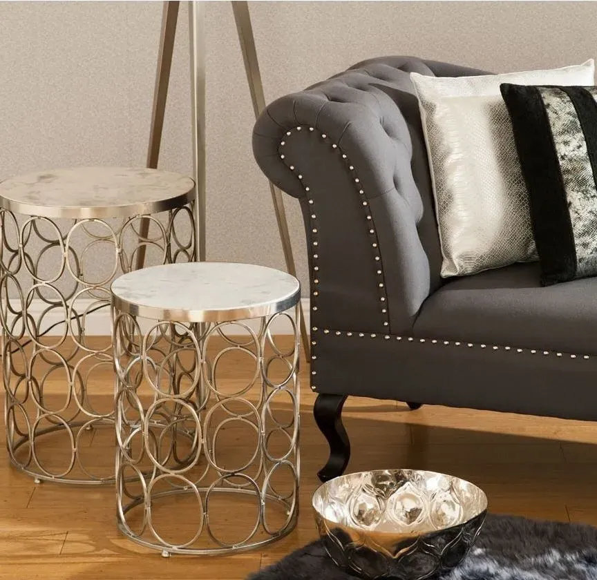 Templar Set of 2 Round Side Tables - Silver, Marble