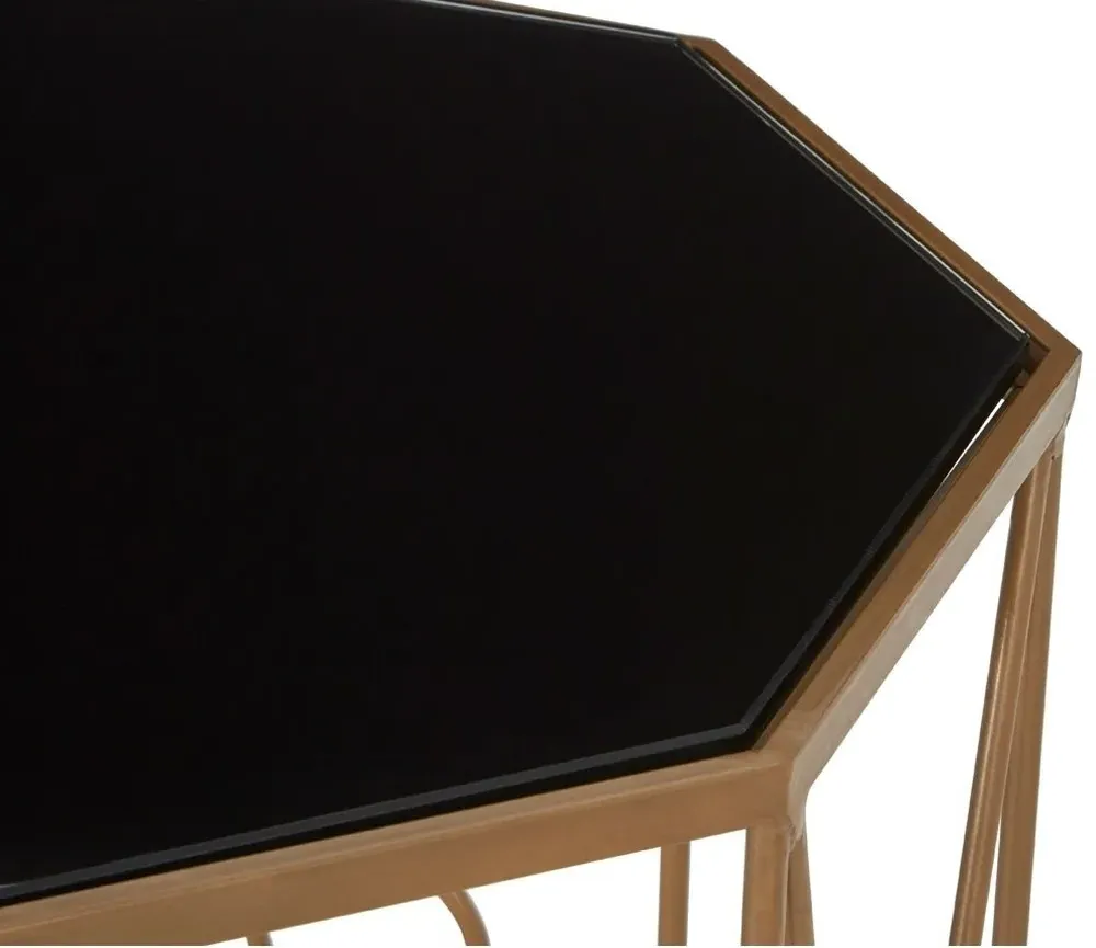 Trento Set of 2 Hexagonal Side Tables - Black Glass, Gold Metal