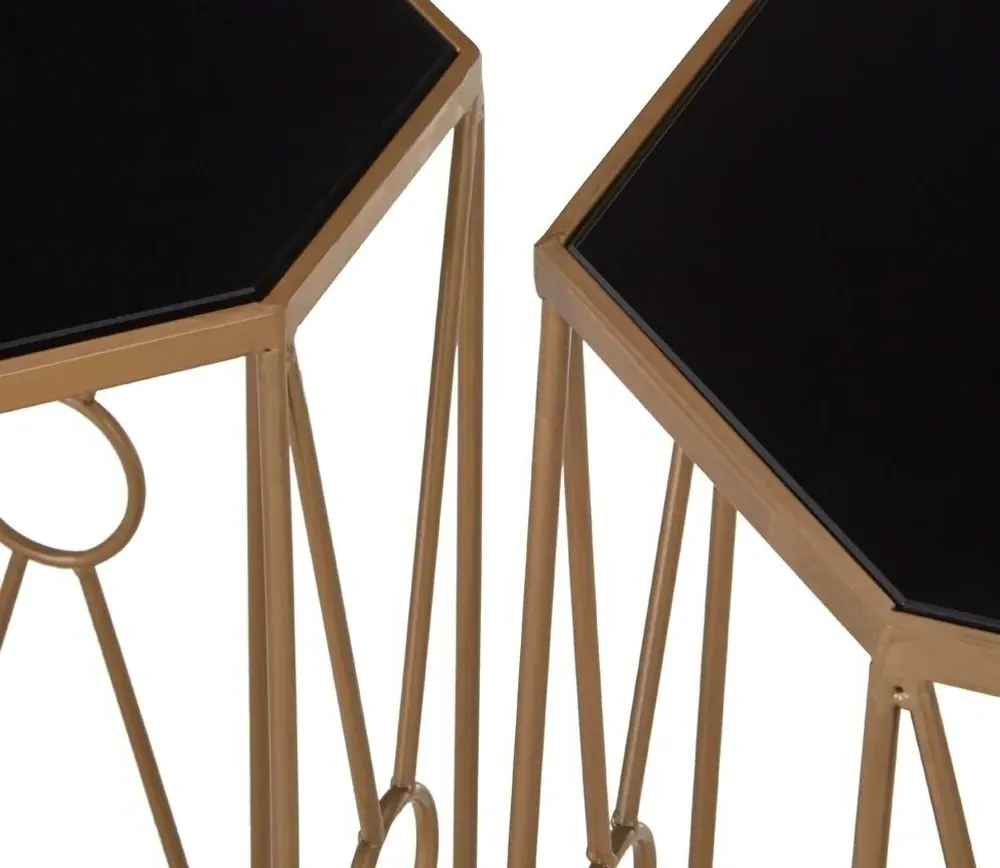 Trento Set of 2 Hexagonal Side Tables - Black Glass, Gold Metal