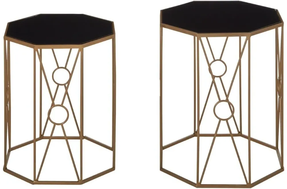 Trento Set of 2 Hexagonal Side Tables - Black Glass, Gold Metal