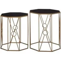 Trento Set of 2 Hexagonal Side Tables - Black Glass, Gold Metal