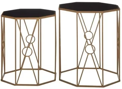 Trento Set of 2 Hexagonal Side Tables - Black Glass, Gold Metal image