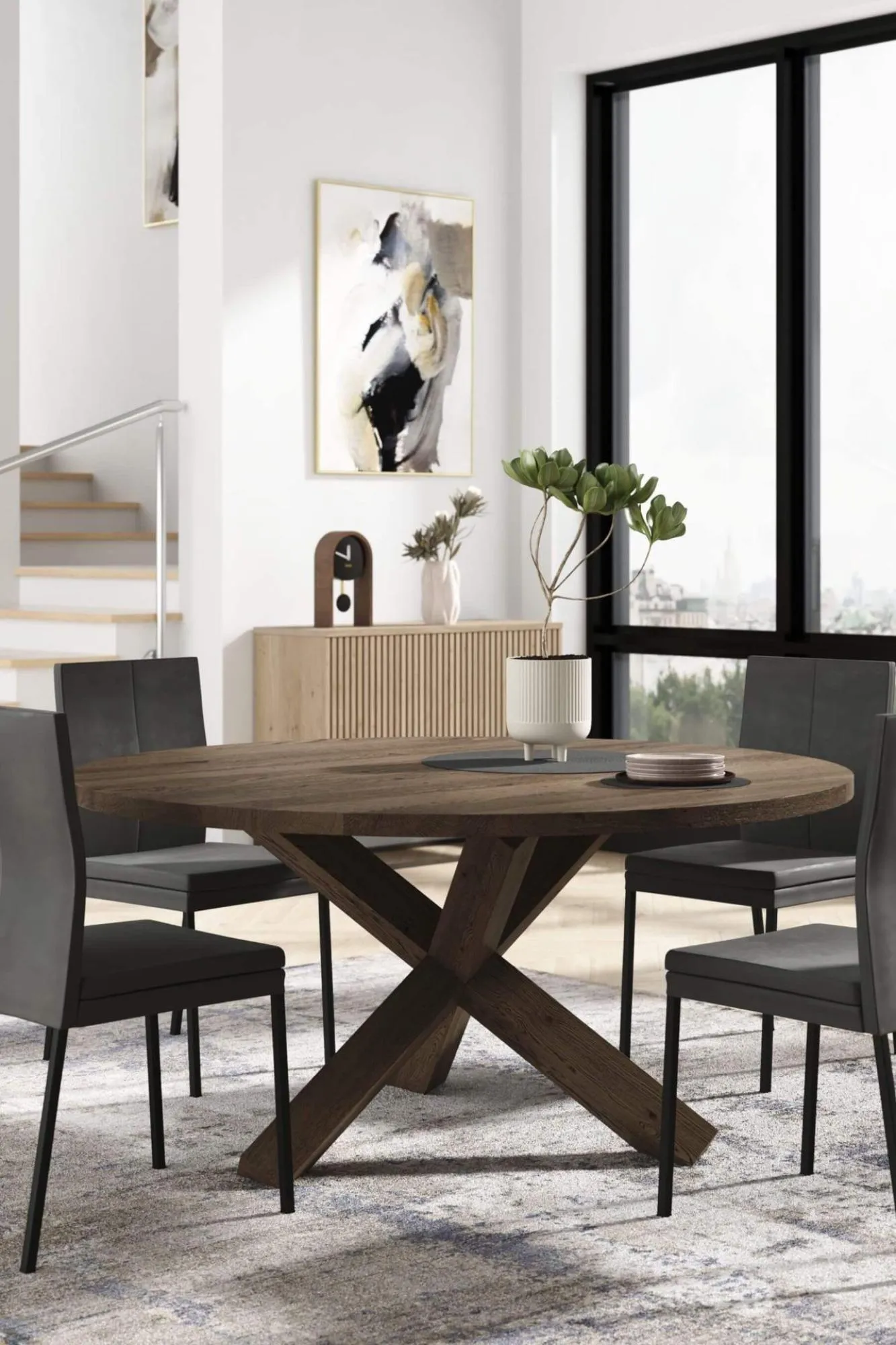 Camas Oak Round Dining Table with Spider Legs - Lacquered Oak