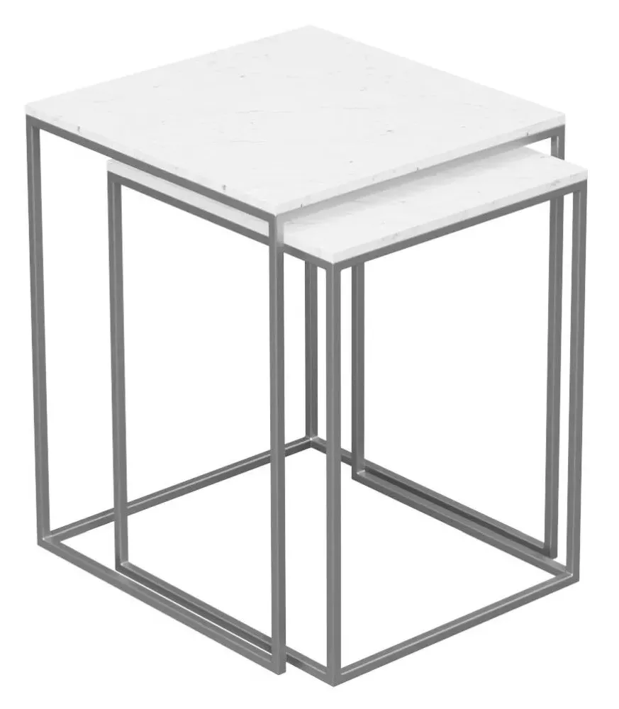 Halifax Square Nest of 2 Tables - White Marble, Silver