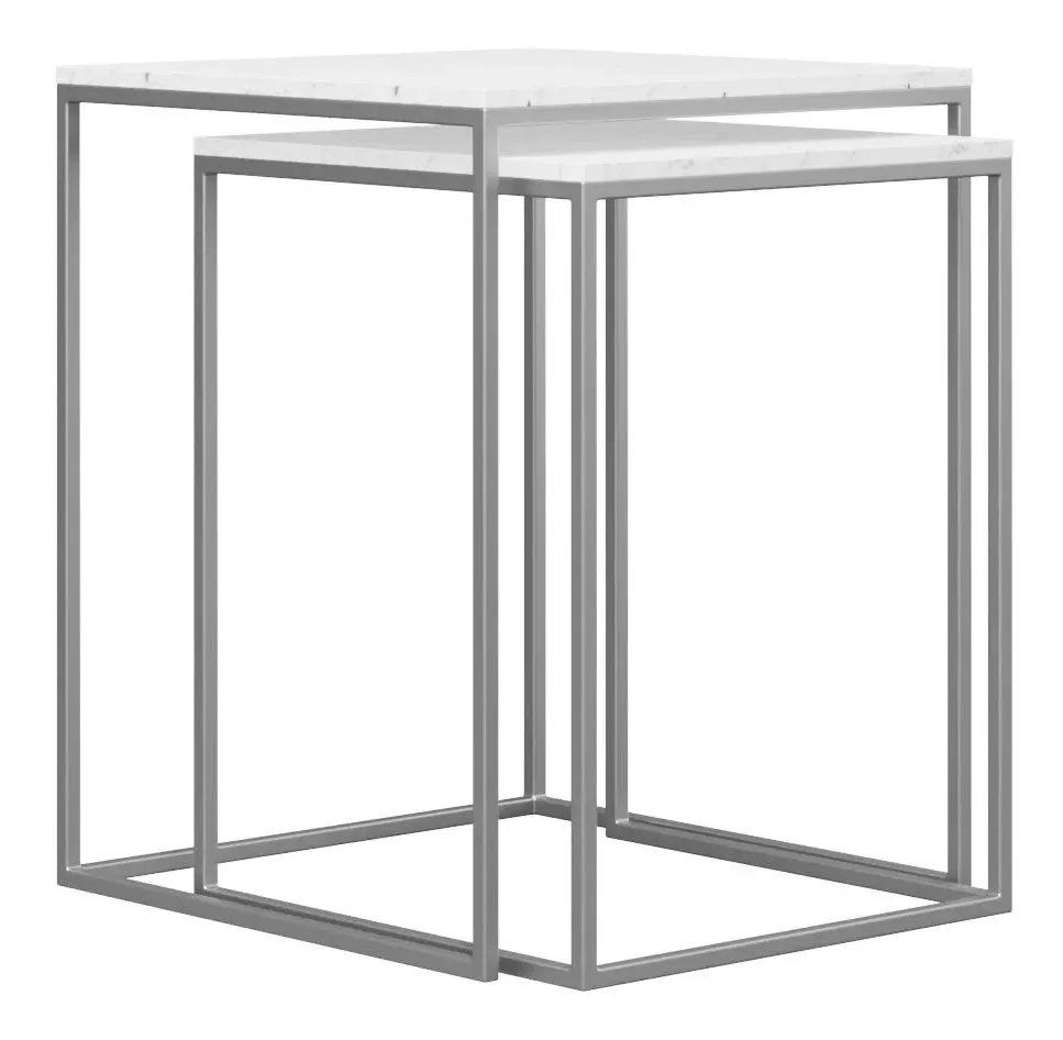 Halifax Square Nest of 2 Tables - White Marble, Silver