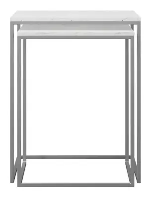 Halifax Square Nest of 2 Tables - White Marble, Silver