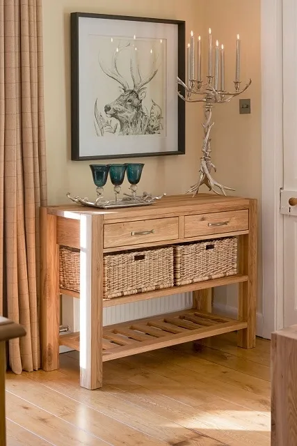 Sanford Oak Console Table with Double Basket - Linseed Oil