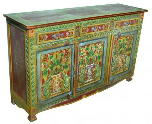 Kufri Hand Painted Folk Pattern Sideboard with 3 Doors 3 Drawers