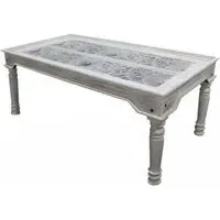 Rewa Hand Painted Carved Glass Top Dining Table - Painted