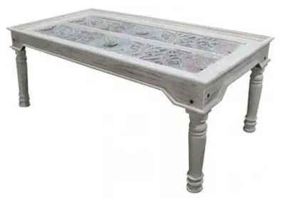 Rewa Hand Painted Carved Glass Top Dining Table - Painted image