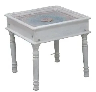 Rewa Hand Painted Carved Glass Top Side Table - Painted image