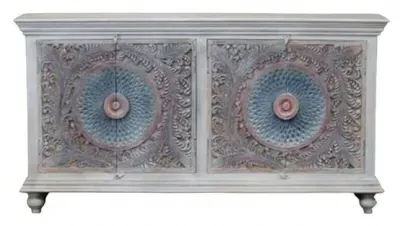 Rewa Hand Painted Carved Sideboard with 4 Doors - Painted image