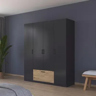 Bari 4 Door Wardrobe - Metallic Grey, Artisan Oak